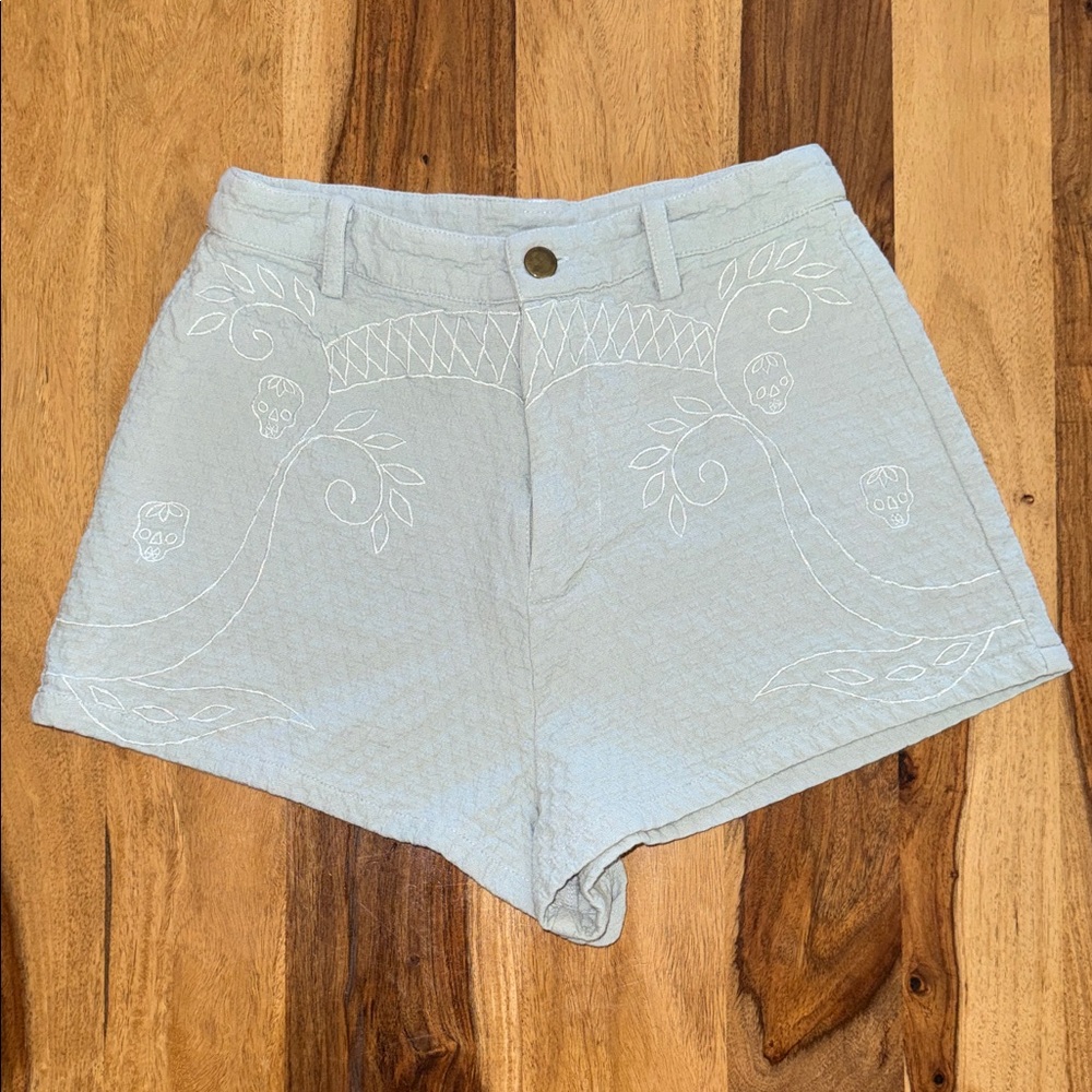Tallow Sage Green Skull Botanical Embroidered High Waist Textured Shorts